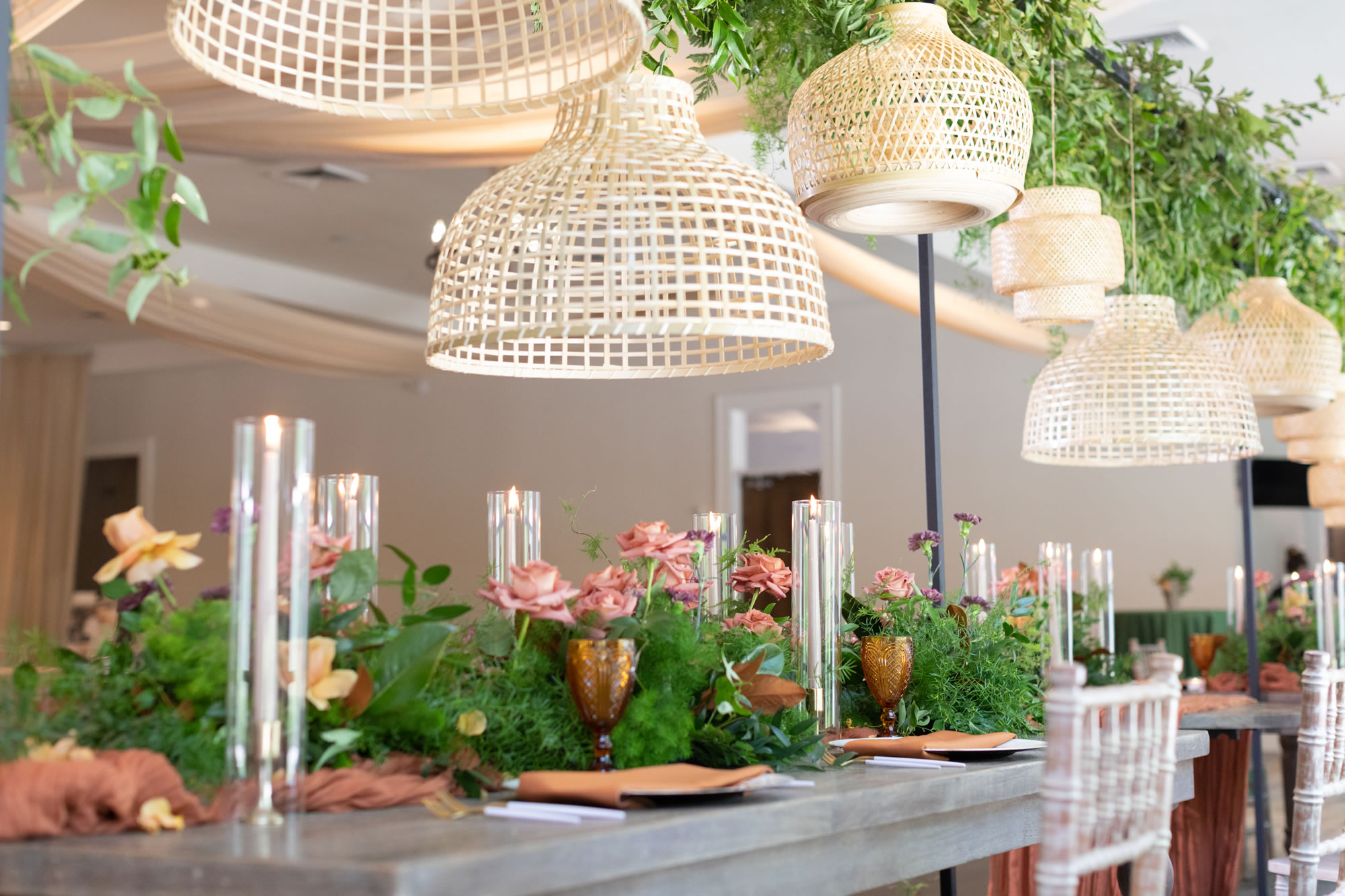 Wedding reception decor at The Estate at New Albany. Photo by Red Gallery Photography.