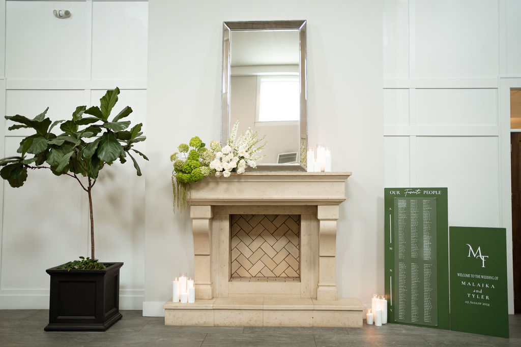 Fireplace in foyer of The Estate at New Albany event venue